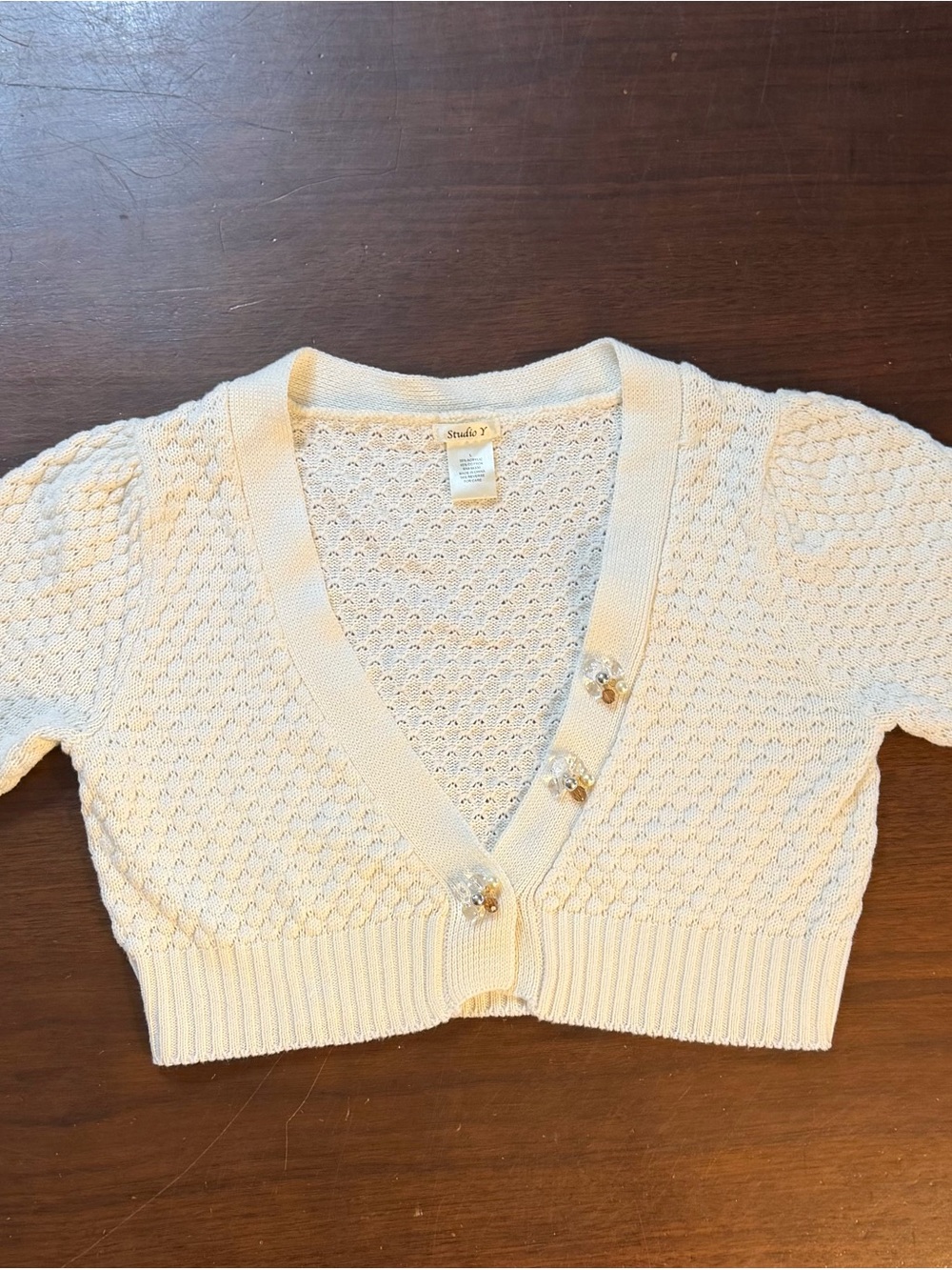 Y2K Studio Y Cream Cropped Knit Cardigan Pearl & Bead Buttons size Junior Large